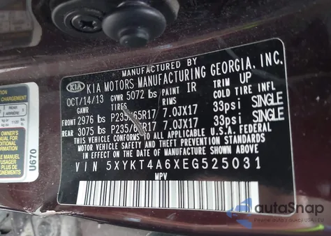 2014 Kia Sorento Lx z USA, uszkodzony, nr VIN 5XYKT4A6XEG525031